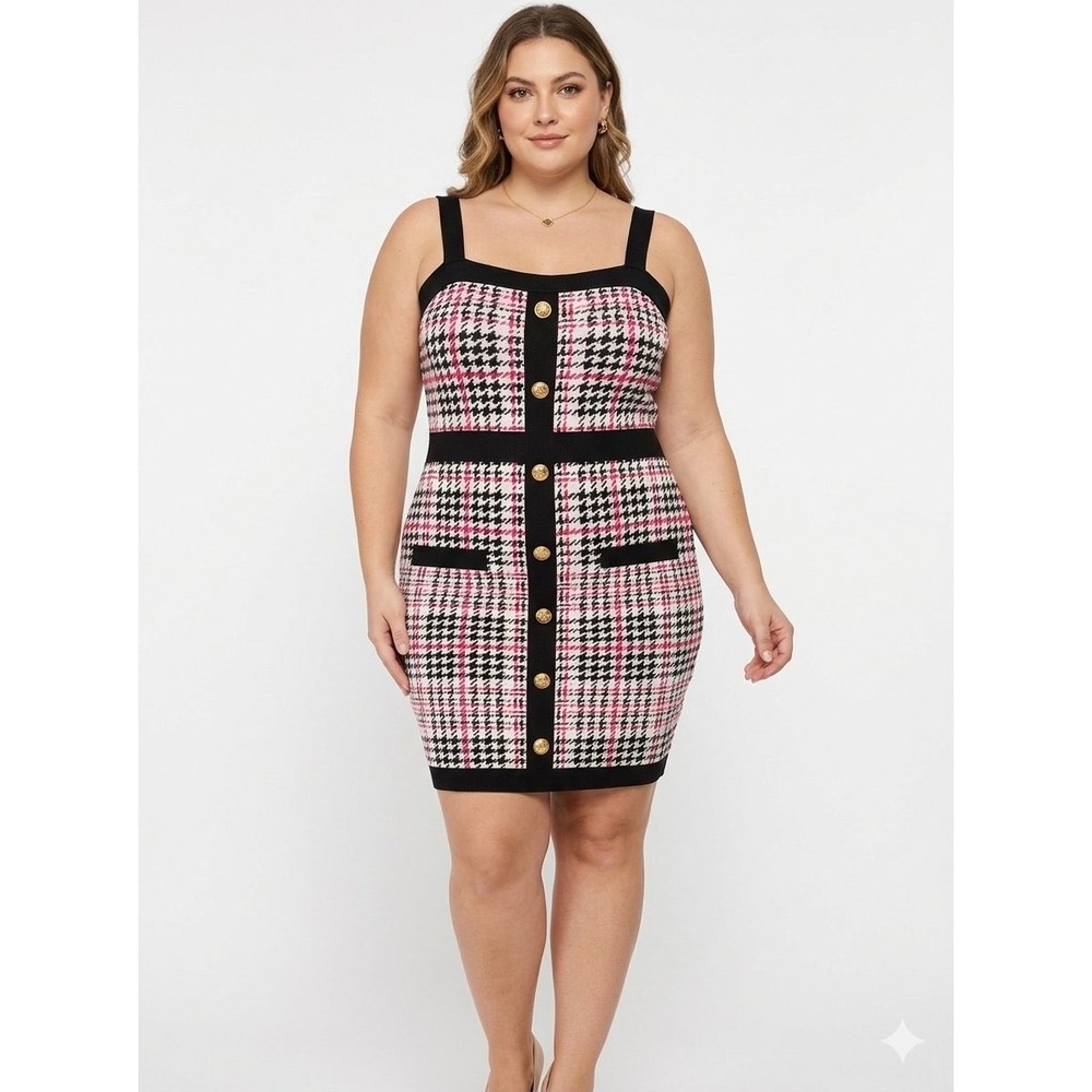 Coco & Shay Pink Black Houndstooth Plaid Mini Dress NWT 1X Preppy Coquette Knit